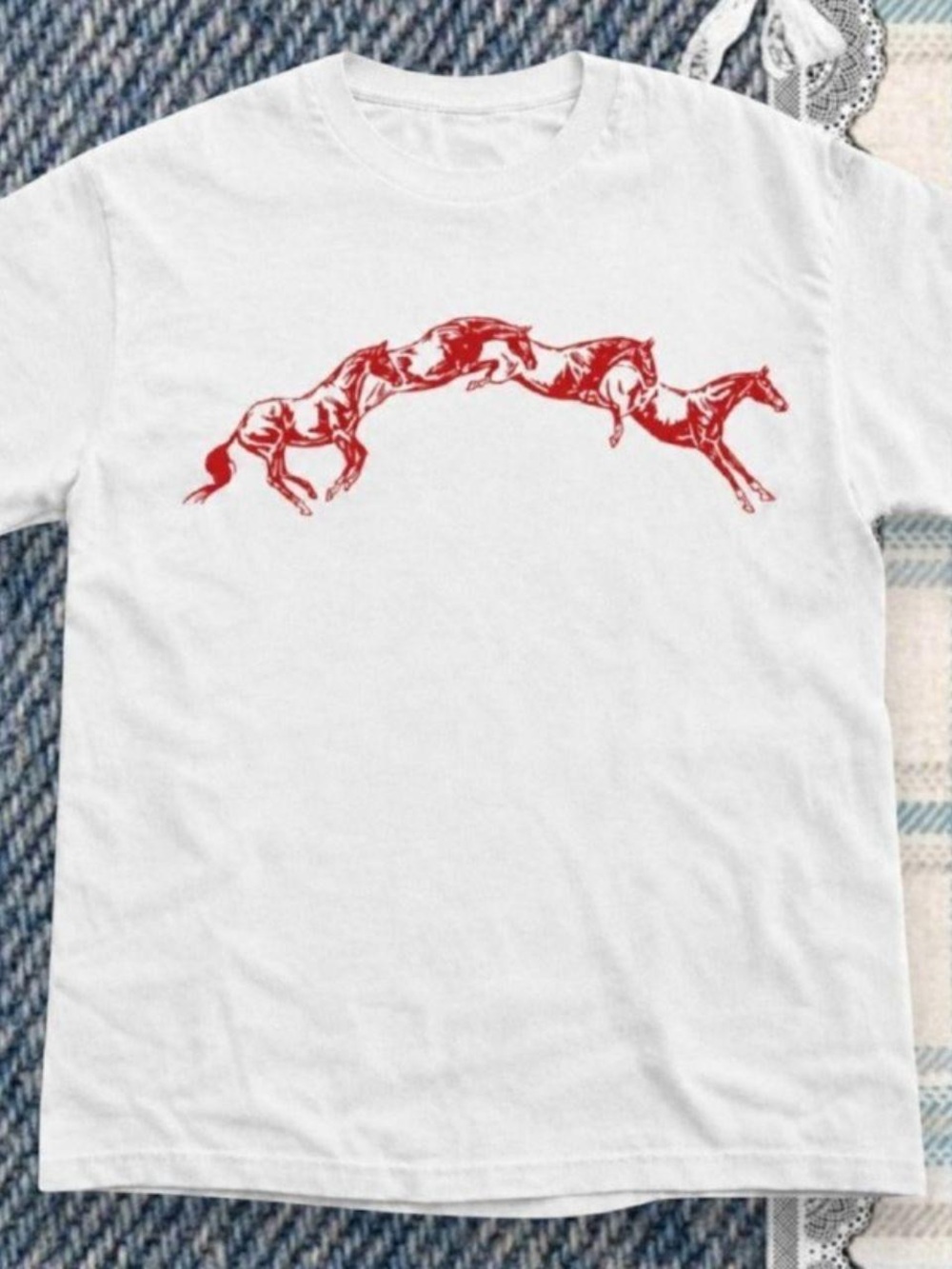 White T-Shirt with Red Horse Graphic